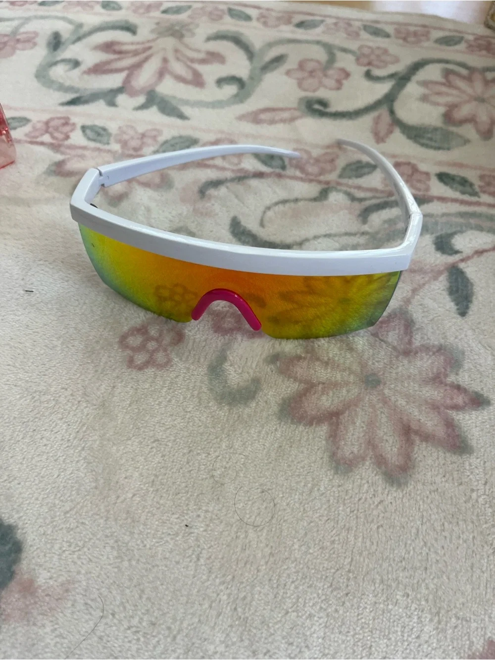 White Frame Shield Sunglasses with Orange Mirrored Lens and Pink Nose Pad